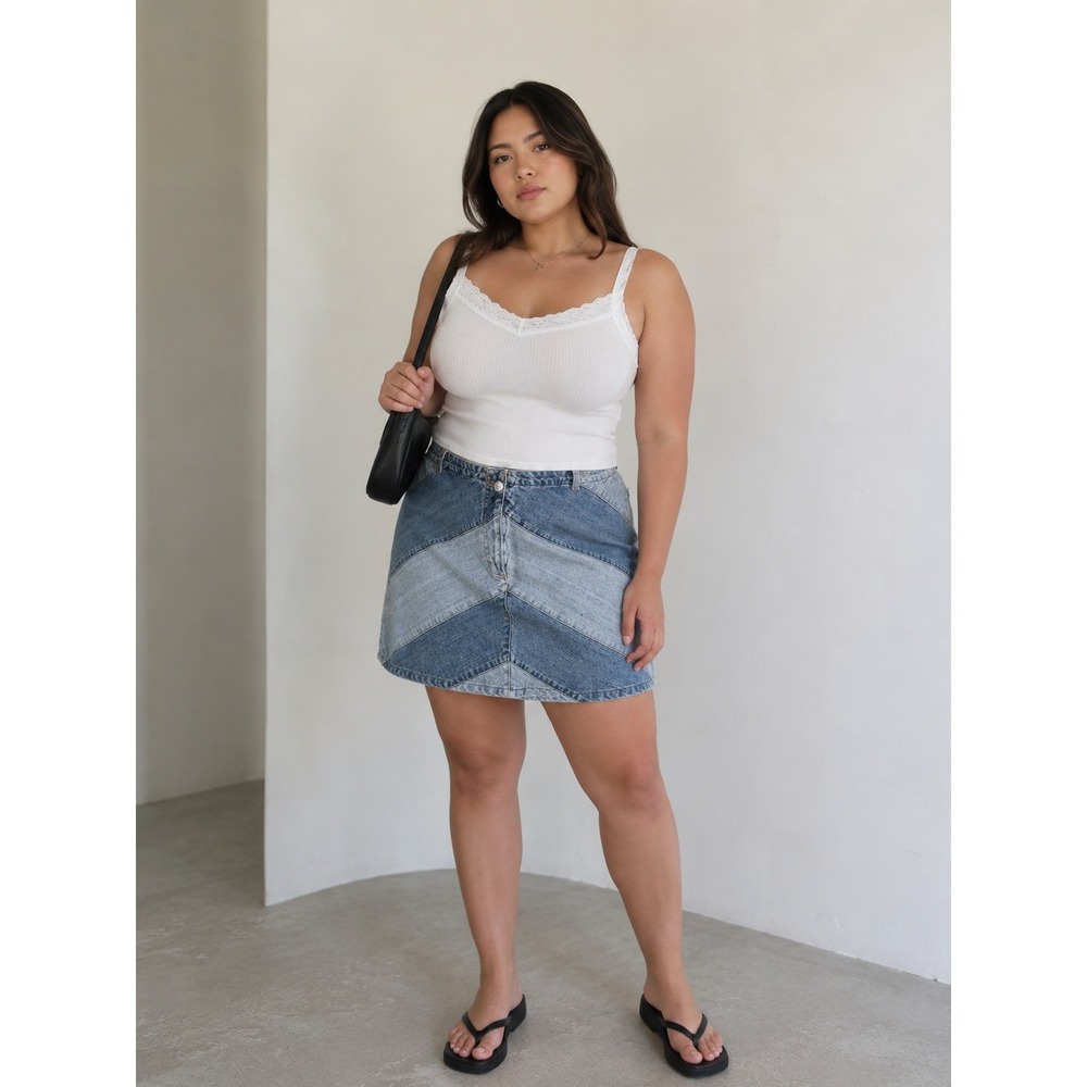 Faded Glory‎ Patchwork Denim Skirt Size 14 Y2K 90s Chevron Colorblock Jean Skirt